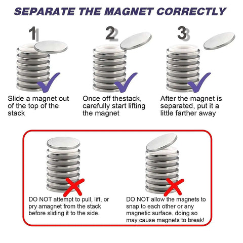 Six Pack Super Strong Neodymium Disc Magnets With Double Sided Adhesive for correct separation instructions.