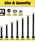510 Piece M3 Long Screws Kit With Nuts And Washers Seven Sizes From M3x20 To M3x50 Hex Socket Head Cap Screws Alloy Steel Class 12.9 Black Zinc Plated DIY Friendly Gearhead Approved For RC Robotics Machinery Repairs, size chart