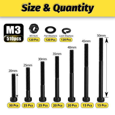 510 Piece M3 Long Screws Kit With Nuts And Washers Seven Sizes From M3x20 To M3x50 Hex Socket Head Cap Screws Alloy Steel Class 12.9 Black Zinc Plated DIY Friendly Gearhead Approved For RC Robotics Machinery Repairs, size chart