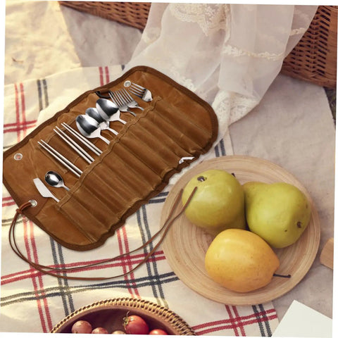 Outdoor Dining Kit Stainless Steel Camping Tableware Set with Spoons Forks and Knives in Portable Pouch at Picnic