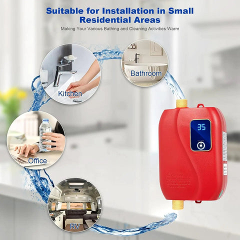 Compact 3000W Tankless Electric Water Heater Pumps Out Instant Hot Water For Under Sink Install Featuring Responsive Touch Control And Digital Readout, shown in kitchen and bathroom settings.