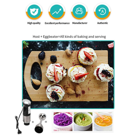 Straight Up Heavy Duty 400W Immersion Hand Blender With Tough Stainless Steel Blades And Adjustable Speed Settings For Buttery Smooth Soups And Shakes Plus Detachable Body Design That Cleans In Seconds For Purees And Batters on a cutting board with cupcakes and puree bowls.