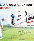 Golfer using 1000 Yard Golf Rangefinder with Slope and Pin Lock Vibration External Slope Switch Tournament Legal Rechargeable Battery