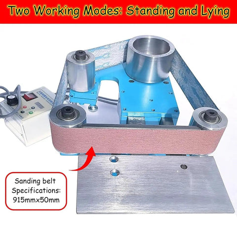 Badass 1100W Brushless Grinder And Polisher With Swappable Orientation Belt Sander showcasing dual modes and sanding belt dimensions.