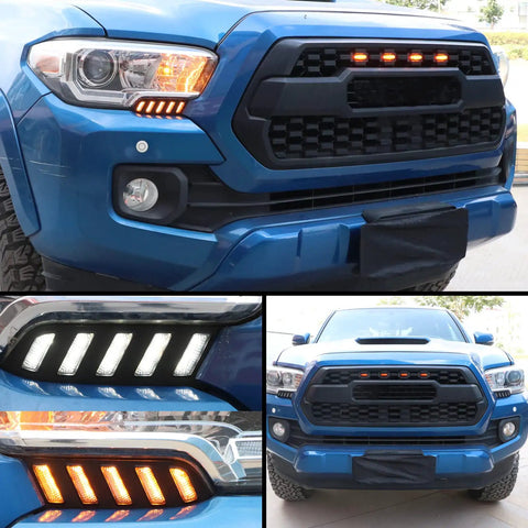 White And Amber Switchback LED Front Side Marker Headlight With Daytime Running Light And Amber Sequential Turn Signal For Toyota Tacoma 2016 To 2023 Replacement Bumper Kit