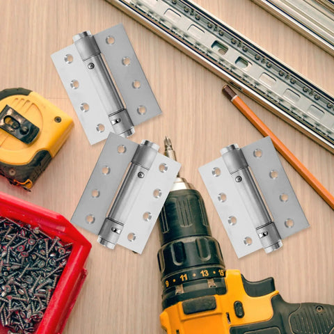 Self Closing Door Hinges 4 Inch Aluminum Alloy Spring Loaded Door Hardware Set for home use shown with installation tools.