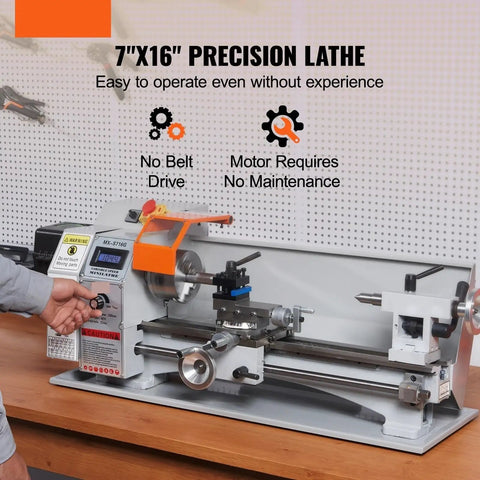 Compact 7X16 Inch Mini Metal Lathe Machine With 800W Brushless Motor Direct Drive Digital Display close-up showing user operating lathe