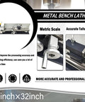 Lgxenzhuo Rc-210e Precision Metal Lathe With Dual Dual Chucks And Taper Mt5 Mt2 8 X 32 Inch Benchtop Mini Metalworking Lathe showing metric scale and tailstock.