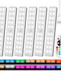 Six Pack Wireless Under Cabinet Lights With Remote USB Rechargeable RGB LED Bar Kit, six bars, remote control, color options shown.