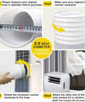 Universal Portable AC Exhaust Hose 5.9 Inch Anti Clockwise Thread With Built In Steel Ring Replacement Vent Hose Up To 59 Inches For Most Portable AC Units Does Not Include Coupler No Sweat Install showing installation steps and measurements.