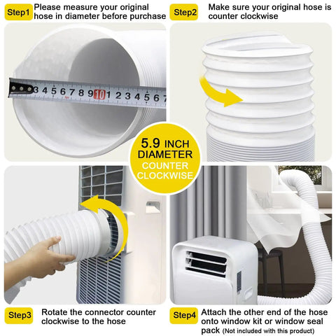 Universal Portable AC Exhaust Hose 5.9 Inch Anti Clockwise Thread With Built In Steel Ring Replacement Vent Hose Up To 59 Inches For Most Portable AC Units Does Not Include Coupler No Sweat Install showing installation steps and measurements.