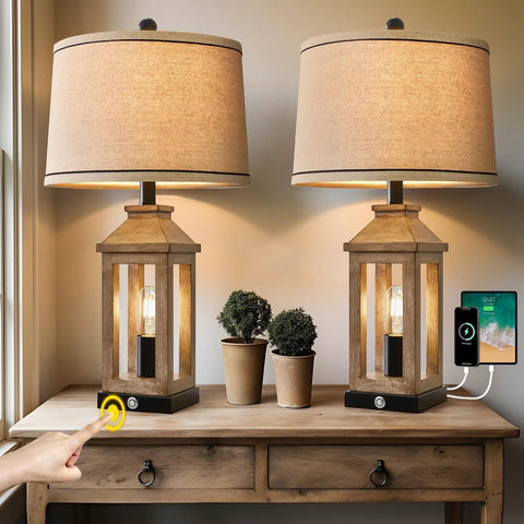 Set of two Cozy Farmhouse Style Table Lamps with USB ports and night light on wooden table in living room.