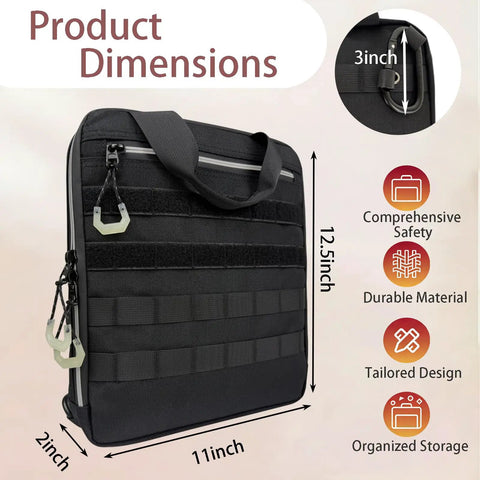 Starlink Mini Carrying Case With Tactical MOLLE System showing dimensions and features for comprehensive safety and durability.
