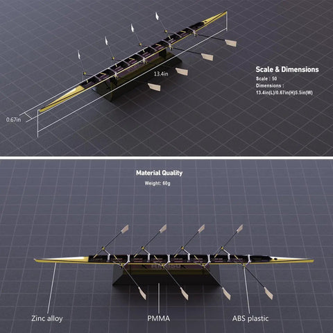 Little Yellow Dope 1To50 Scale Rowing Shell Model Alloy Collectible showing dimensions and materials with zinc and ABS components.