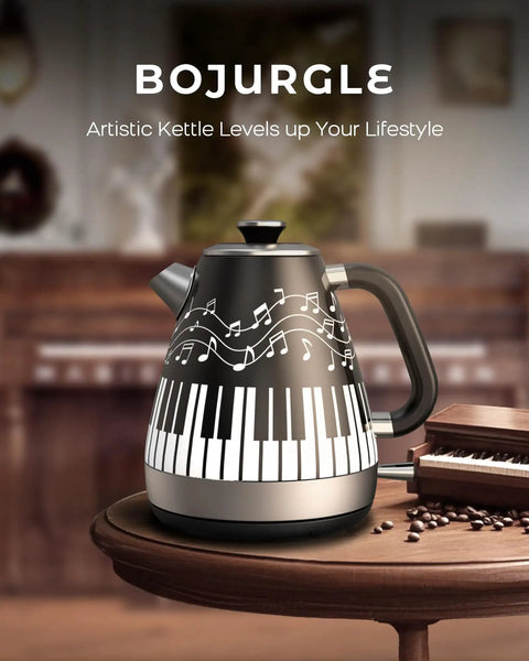 Electric Kettle With Piano And Musical Notes Design 1.7 Liter Stainless Steel Interior 1200 Watt Fast Boil For Tea And Coffee