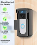 Anti Theft Doorbell Mount For Battery Video Doorbell Models 1 2 3 3 Plus 4 Plus Pro 2020 Release 2024 Release Adjustable No Drill Install Mount Keeps Doorbell Level And Unobstructed Motion Sensor Fits Battery Doorbells installed on wooden wall with security features highlighted on side