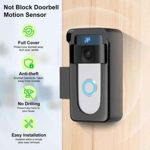 Anti Theft Doorbell Mount For Battery Video Doorbell Models 1 2 3 3 Plus 4 Plus Pro 2020 Release 2024 Release Adjustable No Drill Install Mount Keeps Doorbell Level And Unobstructed Motion Sensor Fits Battery Doorbells installed on wooden wall with security features highlighted on side