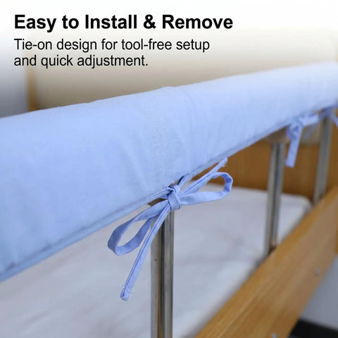 Close-up of blue 4 Pack Bed Rail Cover Padding For Seniors And Toddlers, showing tie-on design and high density foam material.
