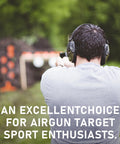 Man aiming at targets, wearing hearing protection and using airgun with text 'An Excellent Choice for Airgun Target Sport Enthusiasts'.