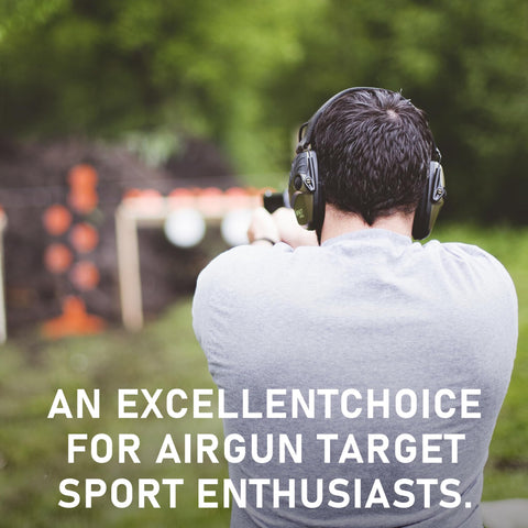 Man aiming at targets, wearing hearing protection and using airgun with text 'An Excellent Choice for Airgun Target Sport Enthusiasts'.