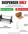Manual Honeycomb Paper Dispenser Featuring A Smooth Crank Handle For Hassle Free Kraft Cushion Wrap And Compact Tabletop Packing Station To Keep Fragile Goods Totally Secure with included and excluded items.