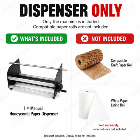 Manual Honeycomb Paper Dispenser Featuring A Smooth Crank Handle For Hassle Free Kraft Cushion Wrap And Compact Tabletop Packing Station To Keep Fragile Goods Totally Secure with included and excluded items.