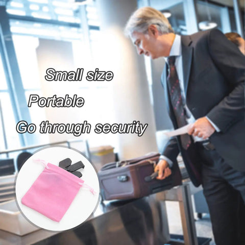 Travel Ready Lightweight Portable Door Lock For Travelers With A Patented Design in airport security, highlighting pocket size