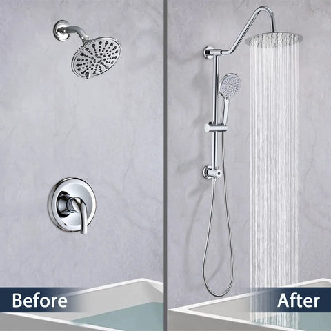 Before and after installing 10 Inch Rain Shower Head With Handheld System And 24 Inch Drill Free Sliding Bar For Easy Reach