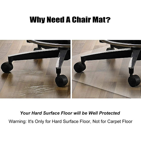 Comparison of chair on hardwood with and without Clear Office Chair Mat 36x48 Inches With Lip Heavy Duty PVC Floor Protector