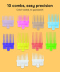 Rechargeable Hair Clippers Kit With Color Coded Guide Combs 17 Pieces showing 10 colorful combs for precise barber quality cuts