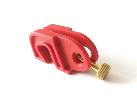 Legit Heavy Duty Universal Circuit Breaker Lockout Three Pack With Padlock Shackle No Sweat Tool Free Setup Quick Snap Secure red lockout device, compact design for jobsite safety.