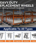 Eight Inch By Two Inch Polyolefin Caster Wheels Heavy Duty Swivel Plates for utility carts in a warehouse setting.