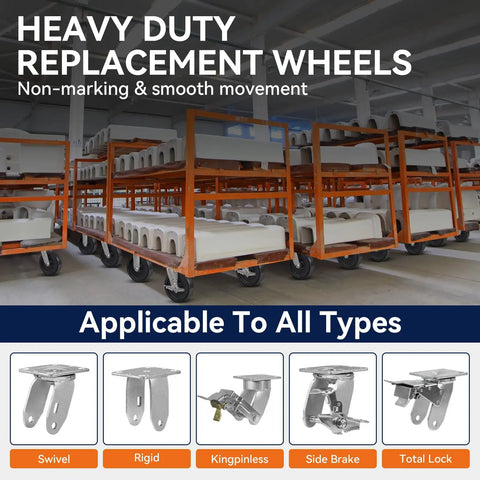 Eight Inch By Two Inch Polyolefin Caster Wheels Heavy Duty Swivel Plates for utility carts in a warehouse setting.