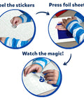 Child using Foil Fun Letter And Number Sticker Set For Mess Free Arts And Crafts Projects, step-by-step process displayed.
