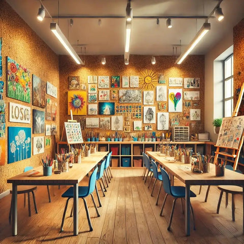 Art studio featuring Premium Natural Cork Roll Four Feet By Twenty Four Feet Long half inch thick used for wall soundproofing.