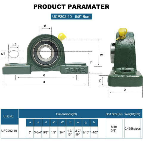 Diagram of 4 Pack UCP202-10 Pillow Block Bearings 5/8 Inch Mounted With Solid Cast Iron Base And Self Alignment For Heavy Machinery