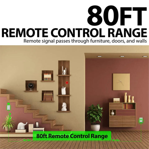 Wireless Remote Outlet Switch Set (2 Pack) in living room showing 80ft range through walls and obstacles for easy control.