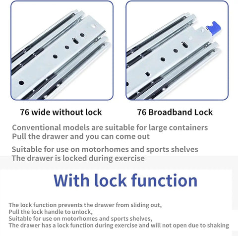 Heavy Duty Three Section Drawer Slides Thickened Steel Full Extension Cabinet Rails Built Tough with lock function for stable storage.