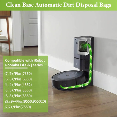 9 Pack Beefed Up Vacuum Bags for Roomba I Series S Series And J Series Replacement in automatic dirt disposal base in home setting