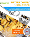 High Limit Fryer Switch Thermostat For Gas Fryers, Three Eighths Inch NPT Thread, 92mm Probe, 80cm Lead, Compatible With IF Series, IF BL Series And IF Counter Models image showing switch next to fryer basket with fries and temperature gauge