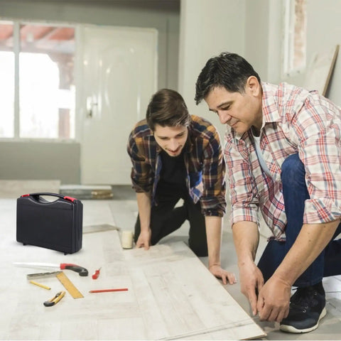 Badass Portable PP Plastic Toolbox Featuring Bulletproof Shock Resistant Shell And Ergonomic Carry Handle For Organizing Power Tools Hand Gear And Hardware Needs And Spare Parts Today on a construction site with two men working.