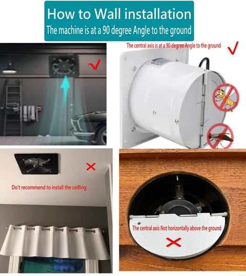 Installation guide for 8 Inch Through Wall Exhaust Fan With 500CFM, 110V, 80W, Built Tough Metal Construction, wall mounting instructions.