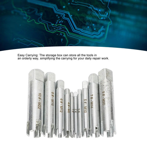 Ultimate 10 Pcs Screw Tap Extractor Set For Easy Removal of Stripped Bolts Damaged Taps And Seized Fasteners Ideal For Industrial Automotive Repair Jobs That Need Quick Gripping Power To Fix Messy Hardware Without Causing More Damage., 10-piece alloy steel extractors in storage box, sizes M4-M22