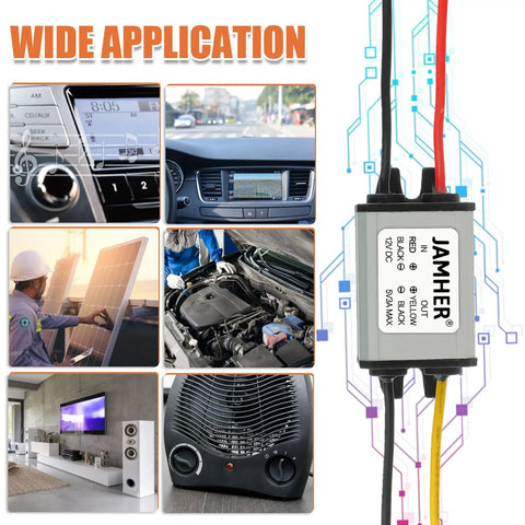 Rugged 2Pack Waterproof 12V To 5V DC Buck Converter with 3A 15W output shown with various automotive and electronic applications