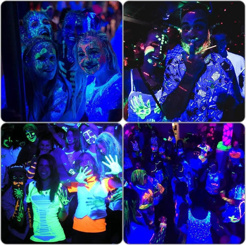 People enjoying glow party illuminated by Three Pack 27W LED Black Light Bar Set For Glow Parties And Body Paint UV Black Light
