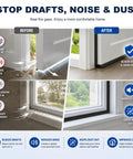 Heavy Duty Neoprene Foam Insulation Tape Self Adhesive Weather Stripping For Doors And Windows Game Changer Sound Proof Draft Blocker 1/2 X 1/2 X 13 Ft comparison image showing before and after sealing gaps to stop drafts, noise, and dust.