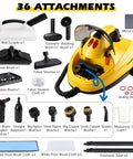 Hella Powerful 1500W Steam Cleaner With 36 Piece Attachment Kit showing various attachments for cleaning surfaces.