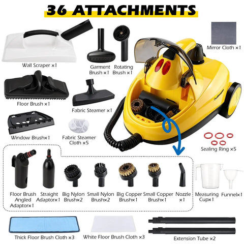 Hella Powerful 1500W Steam Cleaner With 36 Piece Attachment Kit showing various attachments for cleaning surfaces.