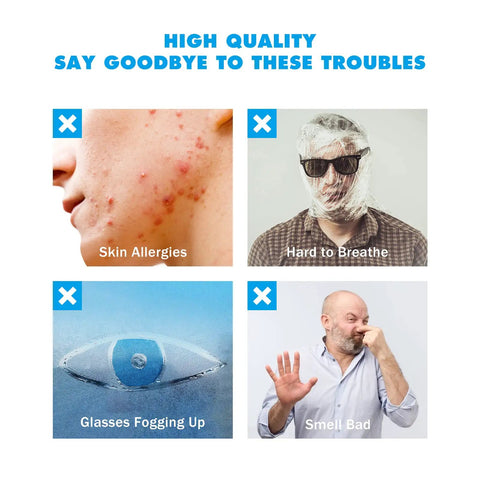 Image showing four common issues with text: skin allergies, hard to breathe, glasses fogging up, and smells bad.