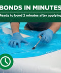 Person applying Industrial Grade Heavy Duty Vinyl Adhesive For PVC And Vinyl Repairs That Bonds Under Water Stays Flexible After Cure